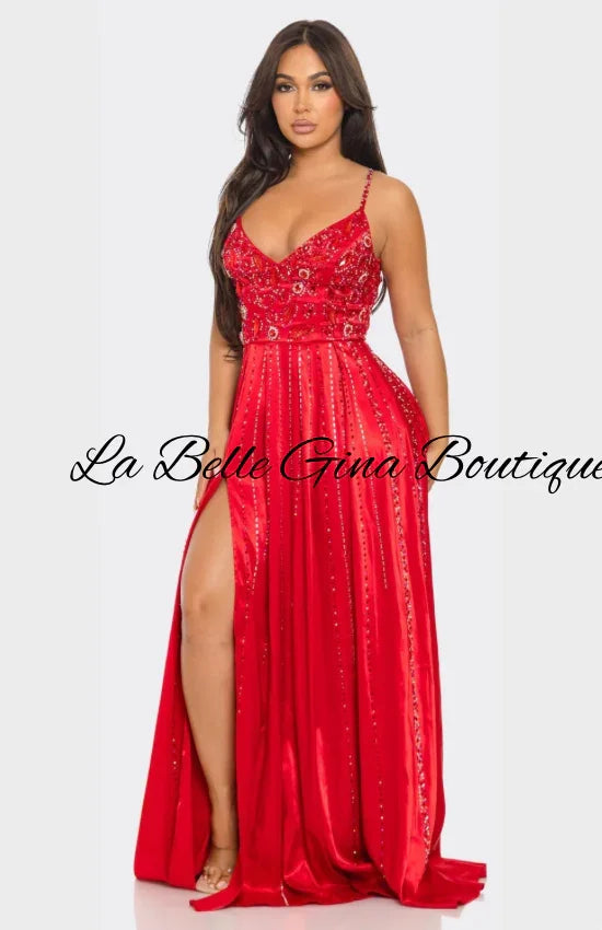Gina Luxury Rhinestone Embellished Evening Gown – Long Prom, Gala & Red Carpet Dress