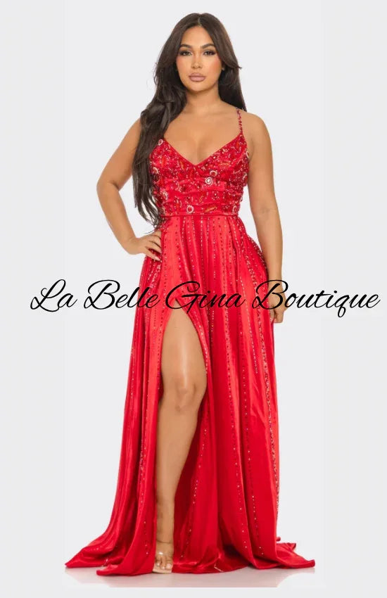 Gina Luxury Rhinestone Embellished Evening Gown – Long Prom, Gala & Red Carpet Dress