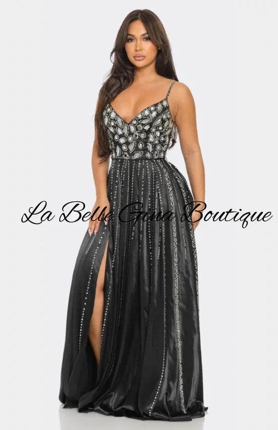 Gina Luxury Rhinestone Embellished Evening Gown – Long Prom, Gala & Red Carpet Dress