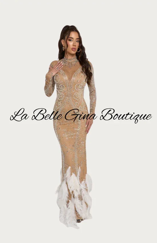 Luxury Feather Rhinestone Evening Gown – Long Sleeve Sheer Sparkle Prom & Gala Dress