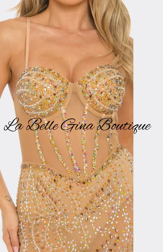 Rhinestone Sheer Gown with High Slit