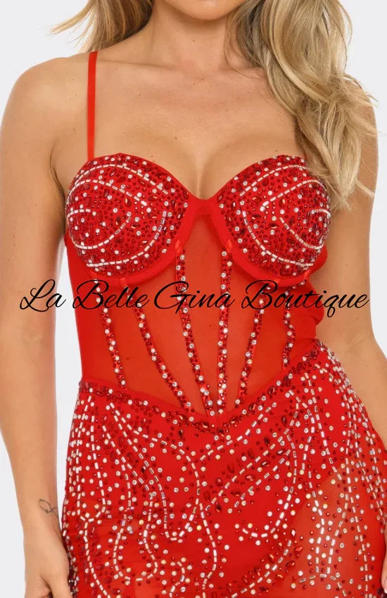 Rhinestone Sheer Gown with High Slit