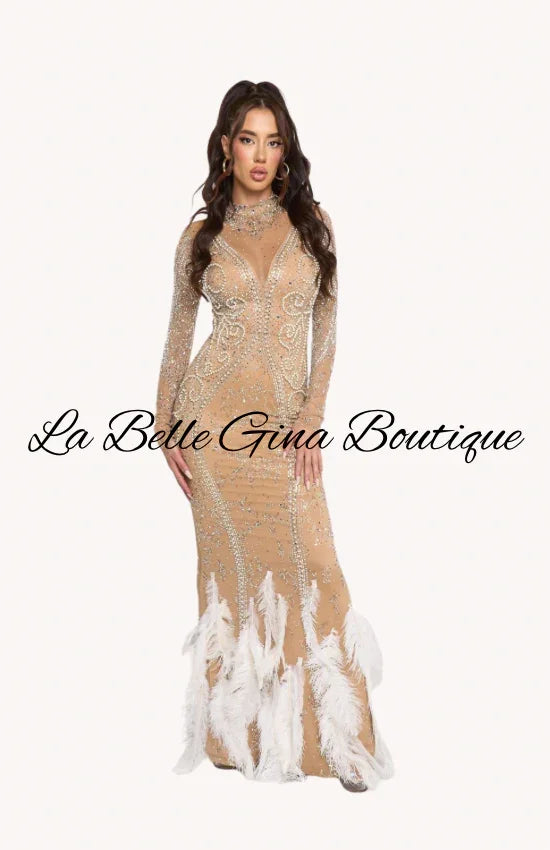Luxury Feather Rhinestone Evening Gown – Long Sleeve Sheer Sparkle Prom & Gala Dress