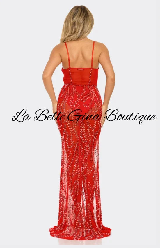 Rhinestone Sheer Gown with High Slit