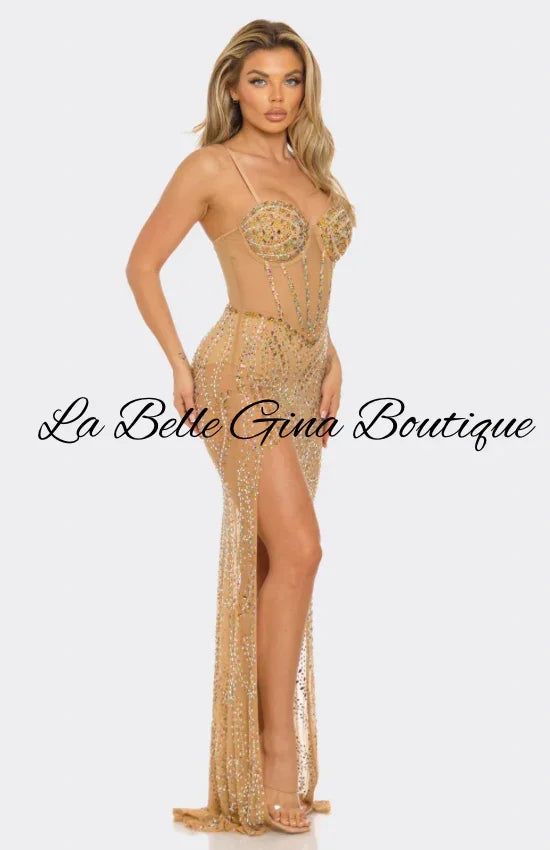 Rhinestone Sheer Gown with High Slit