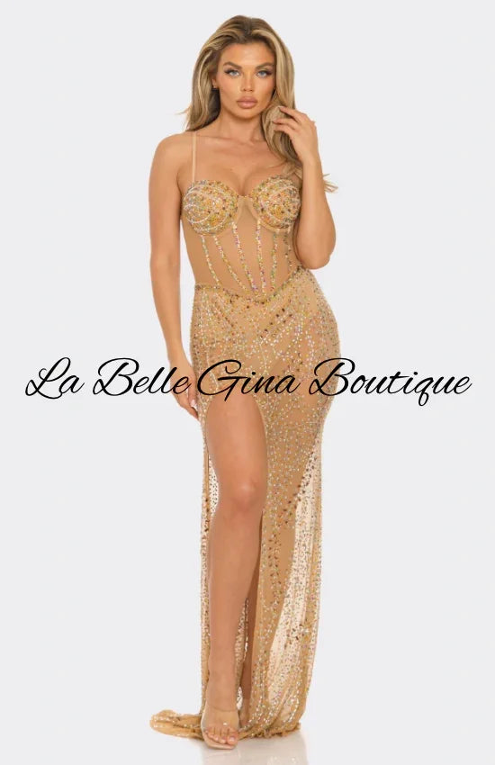 Rhinestone Sheer Gown with High Slit
