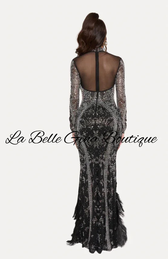 Luxury Feather Rhinestone Evening Gown – Long Sleeve Sheer Sparkle Prom & Gala Dress