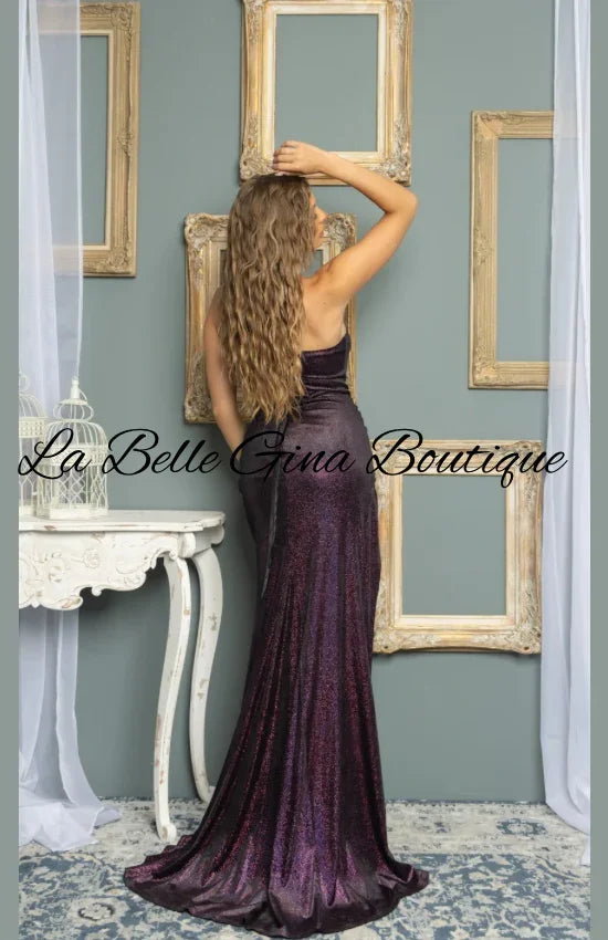 Strapless Metallic Shimmer Evening Gown with High Slit – Elegant Prom & Formal Dress