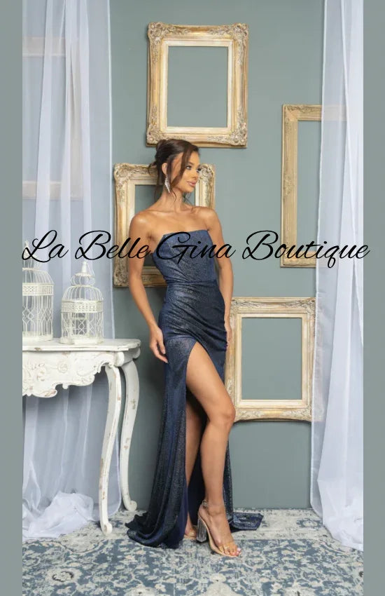 Strapless Metallic Shimmer Evening Gown with High Slit – Elegant Prom & Formal Dress