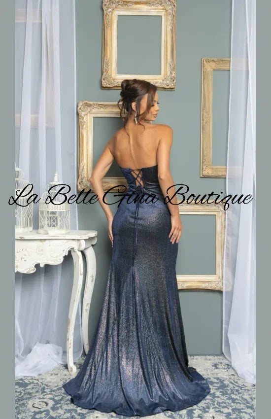 Strapless Metallic Shimmer Evening Gown with High Slit – Elegant Prom & Formal Dress