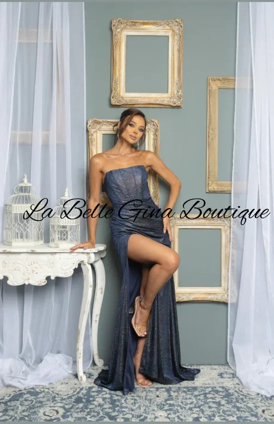 Strapless Metallic Shimmer Evening Gown with High Slit – Elegant Prom & Formal Dress