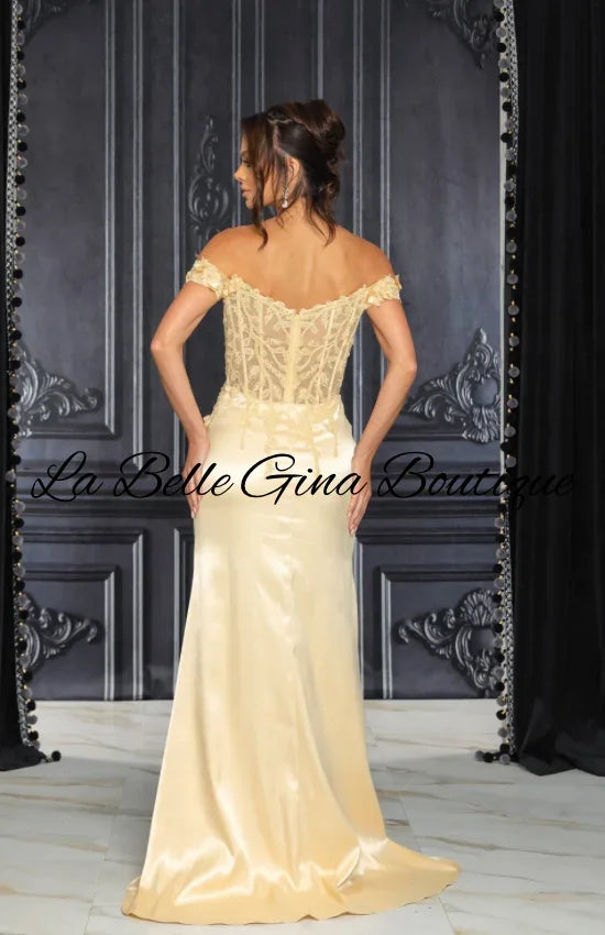 Off-Shoulder Satin Corset Gown with High Slit – Elegant Evening & Prom Dress | La Belle Gina Boutique