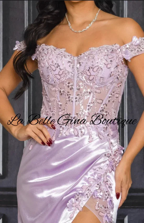 Off-Shoulder Satin Corset Gown with High Slit – Elegant Evening & Prom Dress | La Belle Gina Boutique