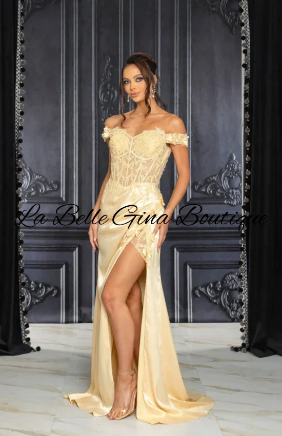 Off-Shoulder Satin Corset Gown with High Slit – Elegant Evening & Prom Dress | La Belle Gina Boutique