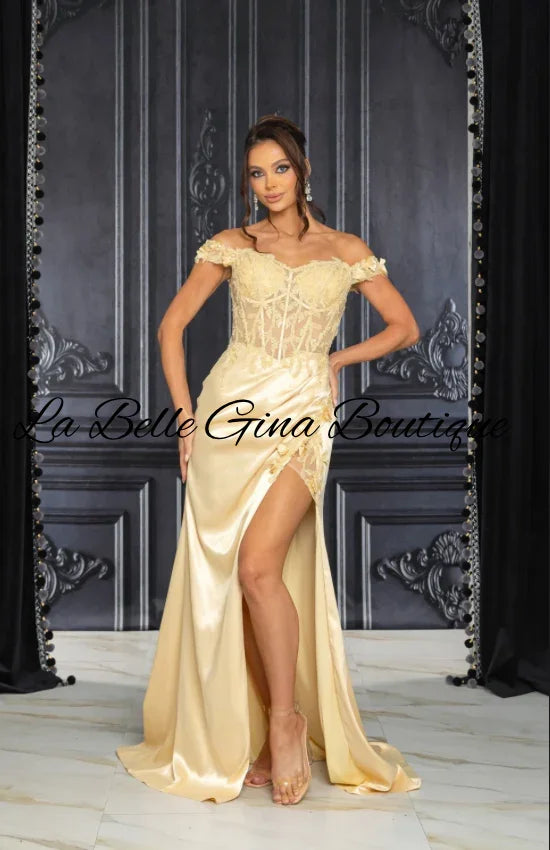 Off-Shoulder Satin Corset Gown with High Slit – Elegant Evening & Prom Dress | La Belle Gina Boutique