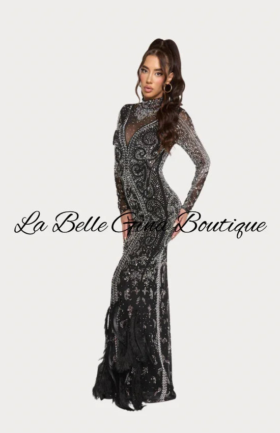 Luxury Feather Rhinestone Evening Gown – Long Sleeve Sheer Sparkle Prom & Gala Dress