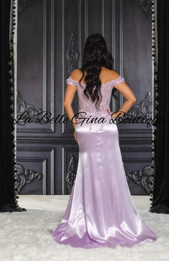 Off-Shoulder Satin Corset Gown with High Slit – Elegant Evening & Prom Dress | La Belle Gina Boutique