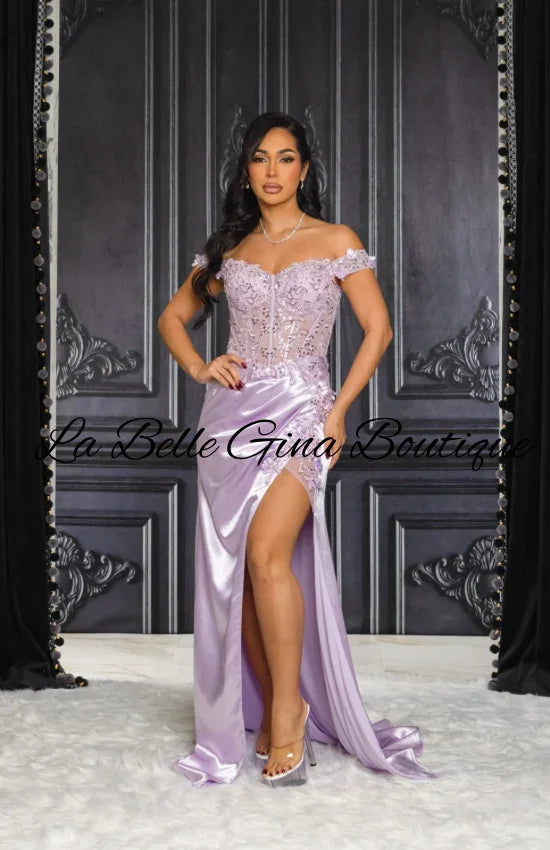 Off-Shoulder Satin Corset Gown with High Slit – Elegant Evening & Prom Dress | La Belle Gina Boutique