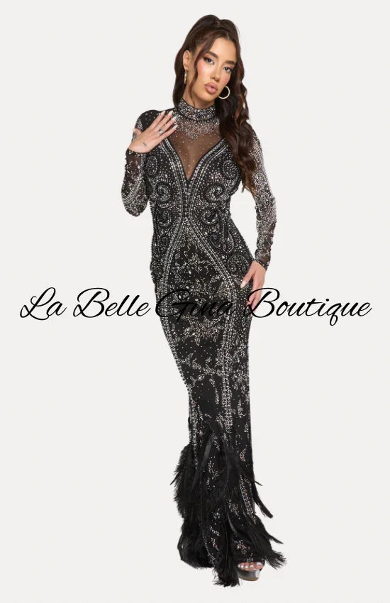 Luxury Feather Rhinestone Evening Gown – Long Sleeve Sheer Sparkle Prom & Gala Dress