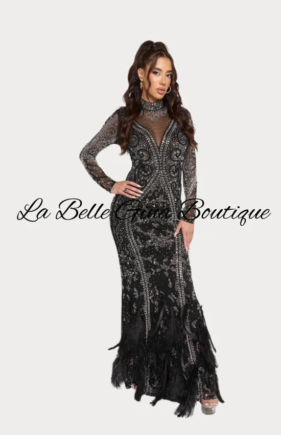 Luxury Feather Rhinestone Evening Gown – Long Sleeve Sheer Sparkle Prom & Gala Dress