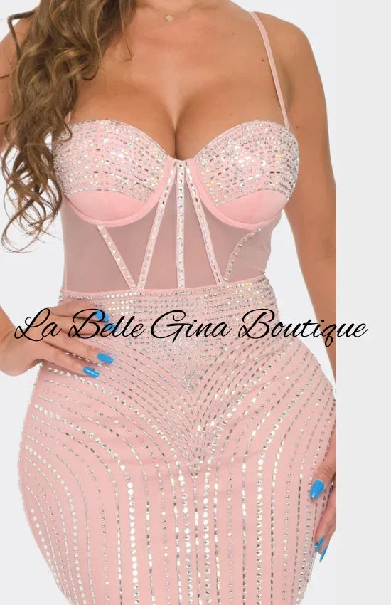 Pink Rhinestone Corset Mini Dress – Sparkly Bodycon Party Dress