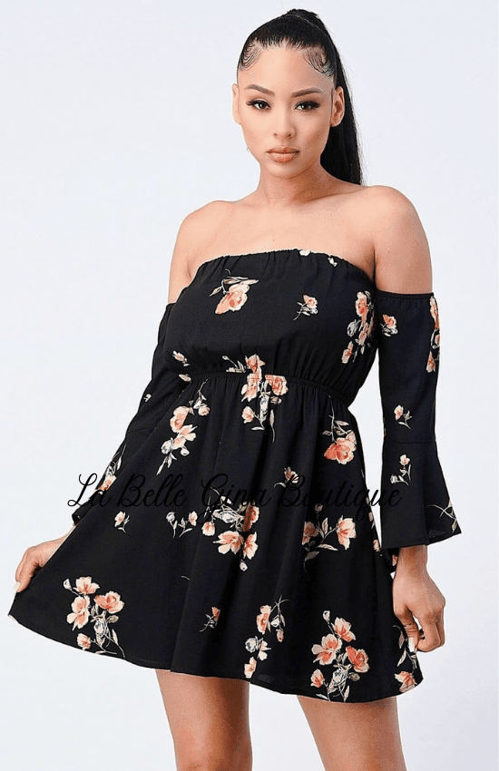 Lina Floral Off shoulder Bell Sleeve Waist Band Mini Dress Black/Floral / Medium Lina Floral Off shoulder Bell Sleeve Waist Band Mini Dress Black/Floral / Medium