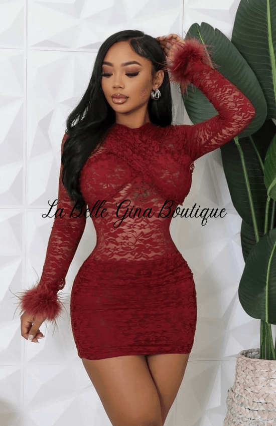 Gina Stretch Around Neck Long Sleeve Feather Elegant Birthday Party Special Occasion Party Holidays Date nigh Dresses-Burgundy Gina Stretch Around Neck Long Sleeve Feather Elegant Birthday Party Special Occasion Party Holidays Date nigh Dresses-Burgundy