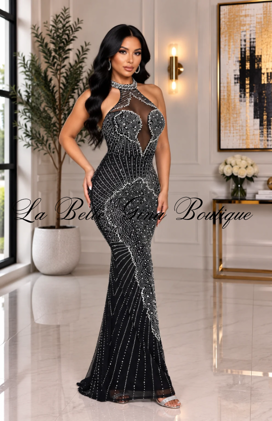 Rhinestone Mesh Corset Maxi Dress – Sparkly Crystal Gown with Sheer Details