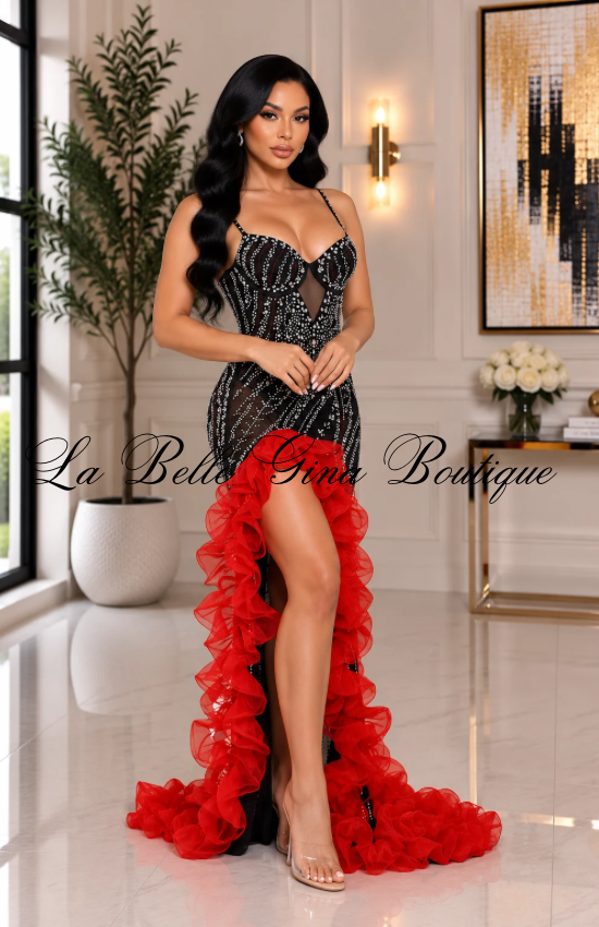 Scarlet Allure Rhinestone Mesh Gown with Red Ruffle Slit – Luxury Evening Dress