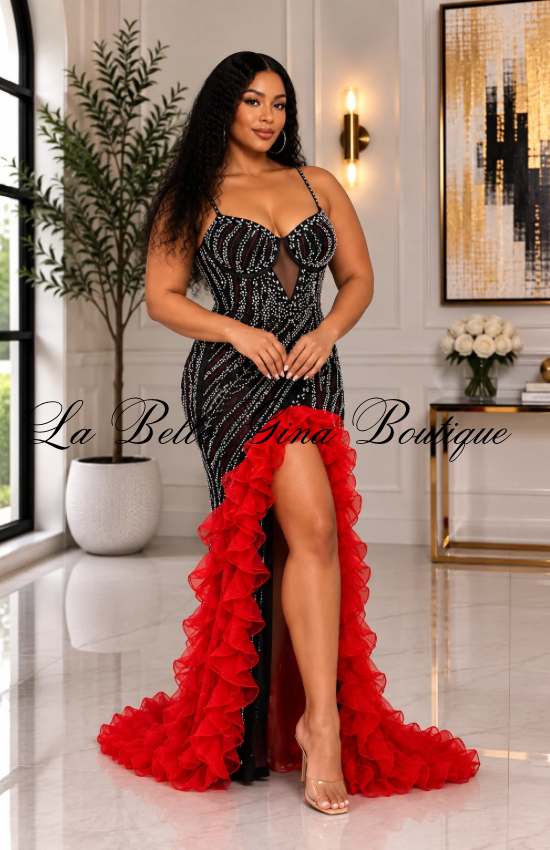 Scarlet Allure Rhinestone Mesh Gown with Red Ruffle Slit – Luxury Evening Dress