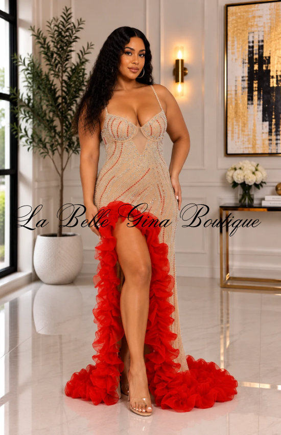 Scarlet Allure Rhinestone Mesh Gown with Red Ruffle Slit – Luxury Evening Dress