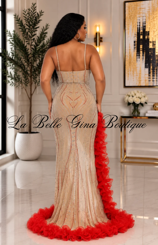 Scarlet Allure Rhinestone Mesh Gown with Red Ruffle Slit – Luxury Evening Dress