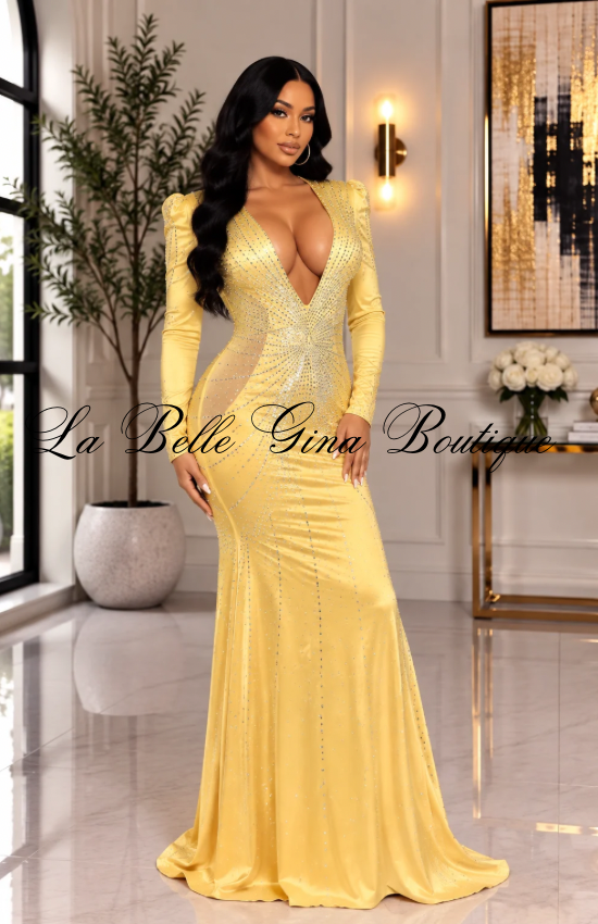Satin Long Sleeves Rhinestone Deep V-Neck Maxi Dress