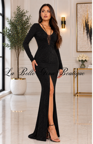 Midnight Allure Rhinestone Ruched Maxi Dress – Long Sleeve Deep V-Neck High-Slit Gown