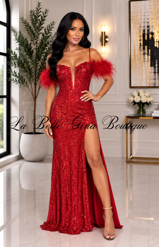 Feather Sequin Off-Shoulder Evening Gown – Luxury Prom & Party Dress