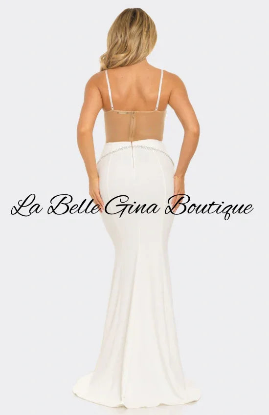 Elegant Black & White Crystal Embellished Sheer Cutout Gown – Luxury Evening Dress