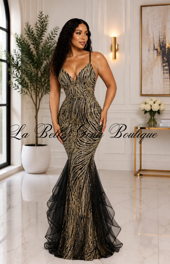 Lidia Glued Glitter Swirl Sleeveless Maxi Dress-Gold