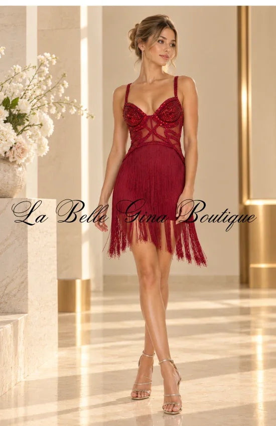Glamour Fringe Rhinestone Mini Dress – Sexy Cutout Tassel Party Dress