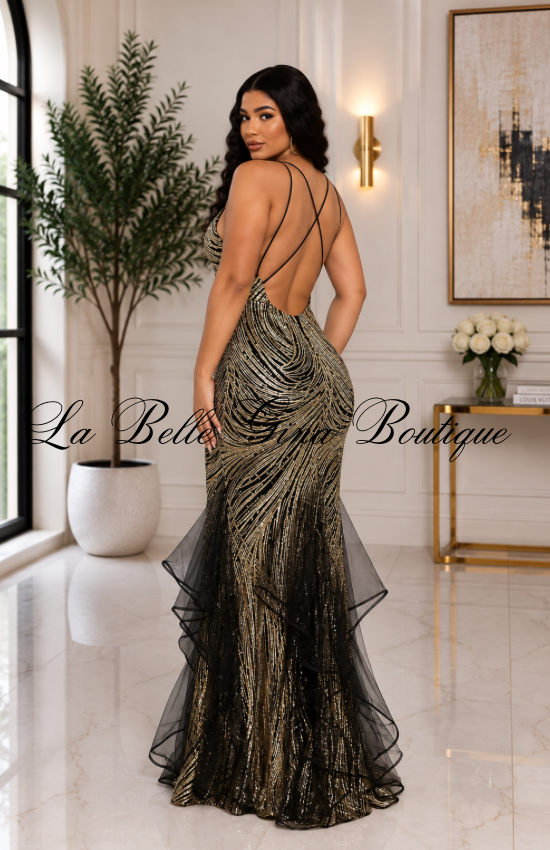 Lidia Glued Glitter Swirl Sleeveless Maxi Dress-Gold