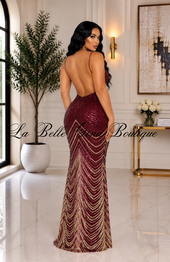 Djoune Ombre Sequin Chevron Pattern Open Back Maxi Dress-Silver