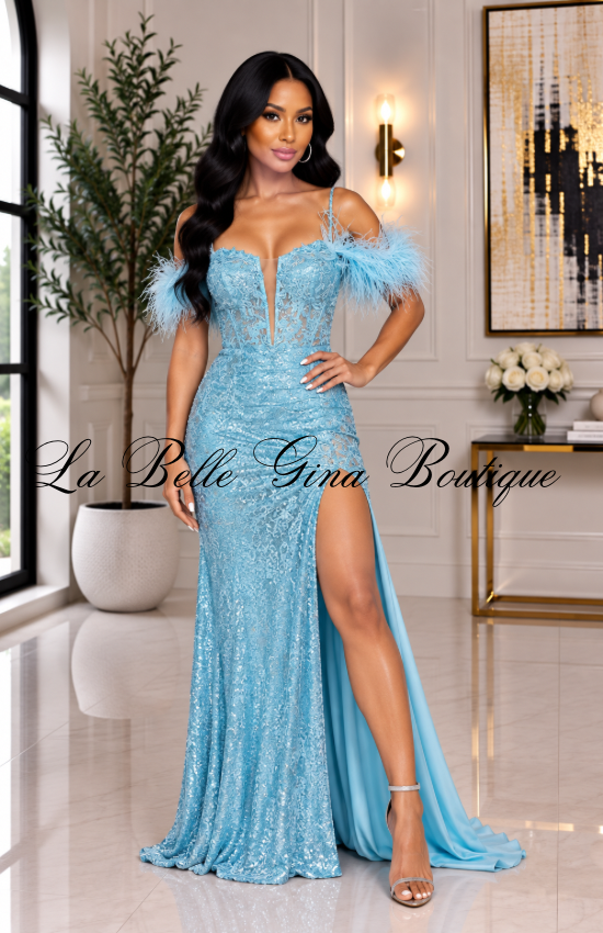 Feather Sequin Off-Shoulder Evening Gown – Luxury Prom & Party Dress