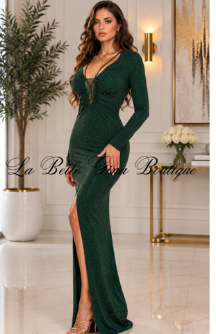 Midnight Allure Rhinestone Ruched Maxi Dress – Long Sleeve Deep V-Neck High-Slit Gown