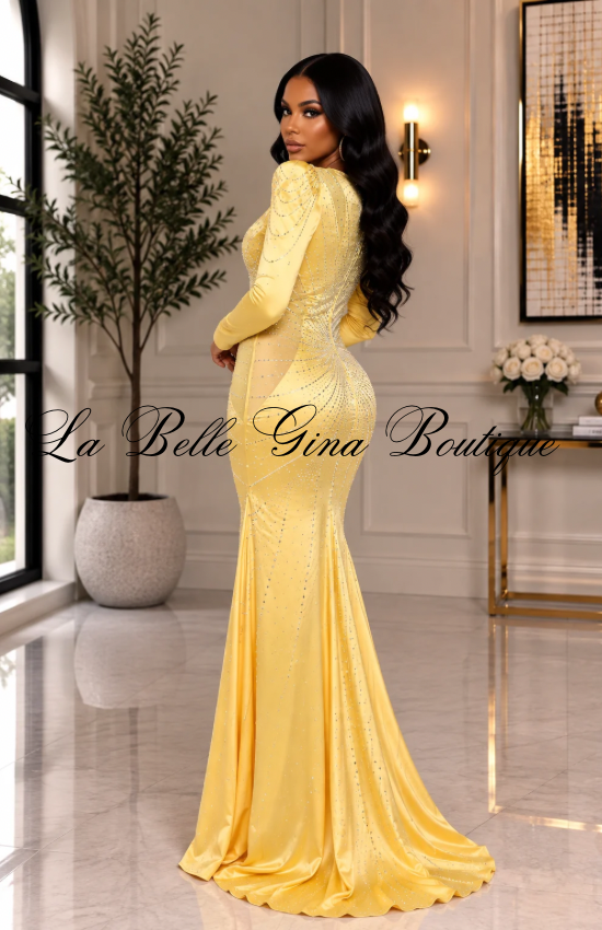 Satin Long Sleeves Rhinestone Deep V-Neck Maxi Dress