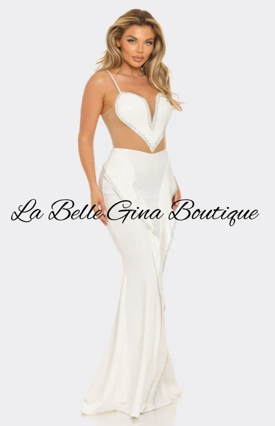 Elegant Black & White Crystal Embellished Sheer Cutout Gown – Luxury Evening Dress