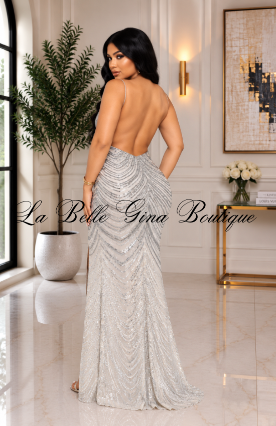 Djoune Ombre Sequin Chevron Pattern Open Back Maxi Dress-Silver