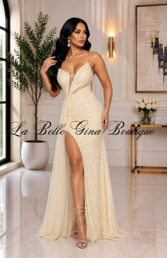 Sequin Strapless Slit Maxi Dress – Sparkling Evening Gown for Prom, Gala & Special Events