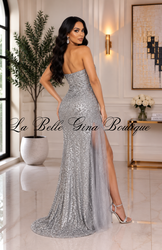 Sequin Strapless Slit Maxi Dress – Sparkling Evening Gown for Prom, Gala & Special Events