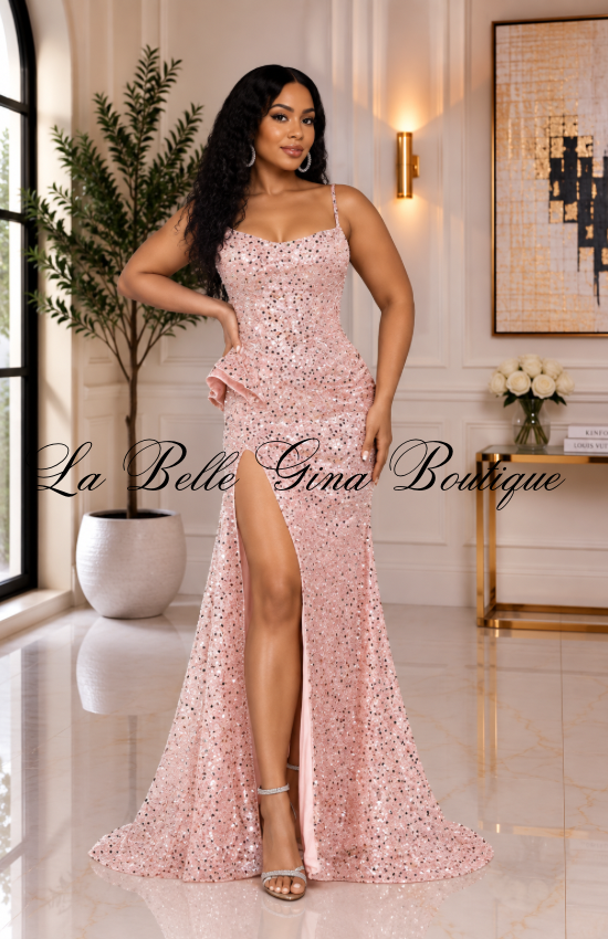 Blue Sequin Gown with High Slit – Elegant Evening Prom Dress
