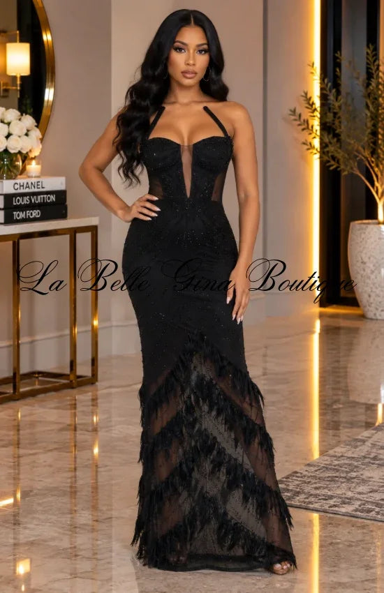 Rhinestone Corset Fringe Maxi Gown