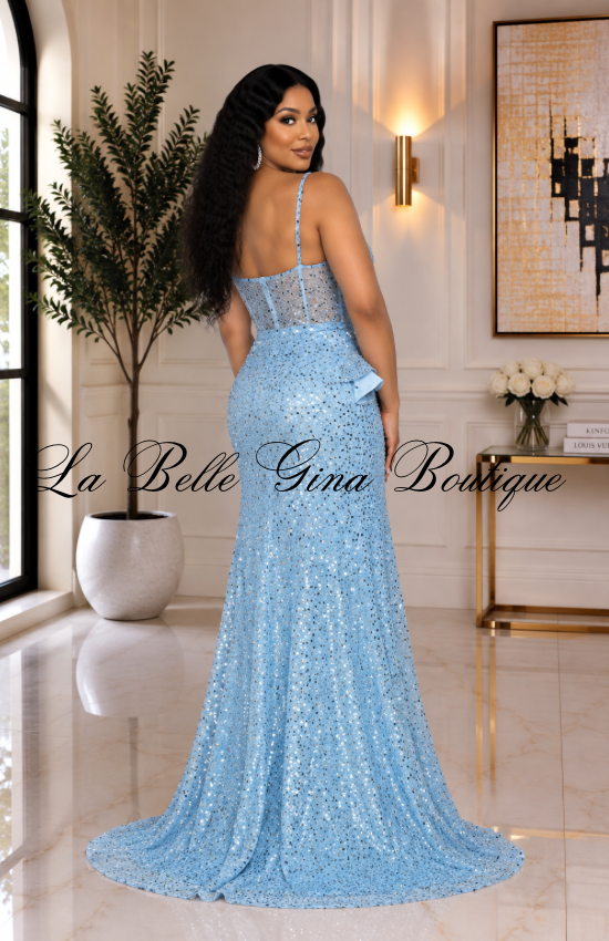 Blue Sequin Gown with High Slit – Elegant Evening Prom Dress